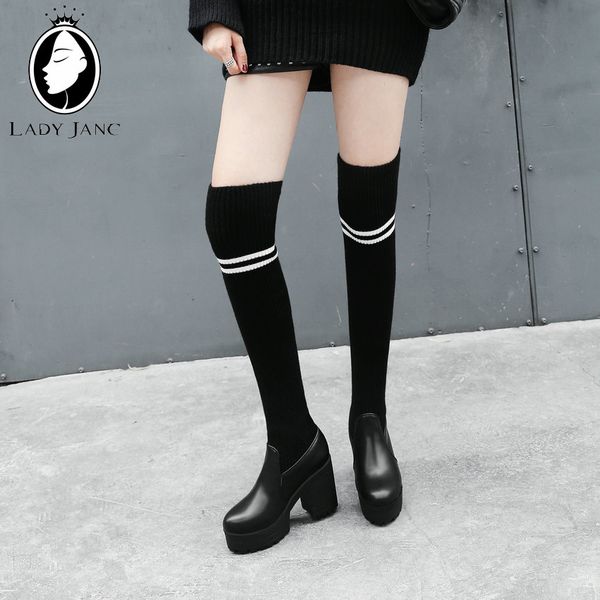 

lady jane white boots knitting elastic over the knee high boots thick heels platform high heel black winter round toe boot