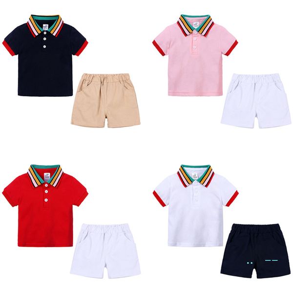 

летняя детская одежда радужный воротник рубашка поло короткие брюки костюм мальчик одежда наборы наряды футболка + шорты 2 шт. комплект спор, White