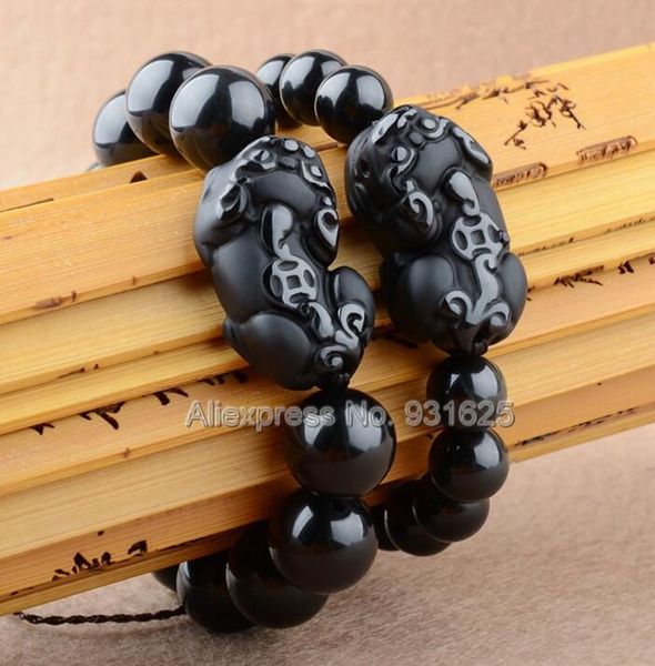 

beautiful natural obsidian 8mm - 20mm beads black obsidian carved coin pixiu stretch elastic bracelet fashion jewelry