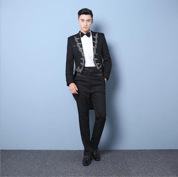

new men's korean fashion embroidery tuxedo slim blazers suit men stage costume groom's wedding host performing dress s-xxl, White;black
