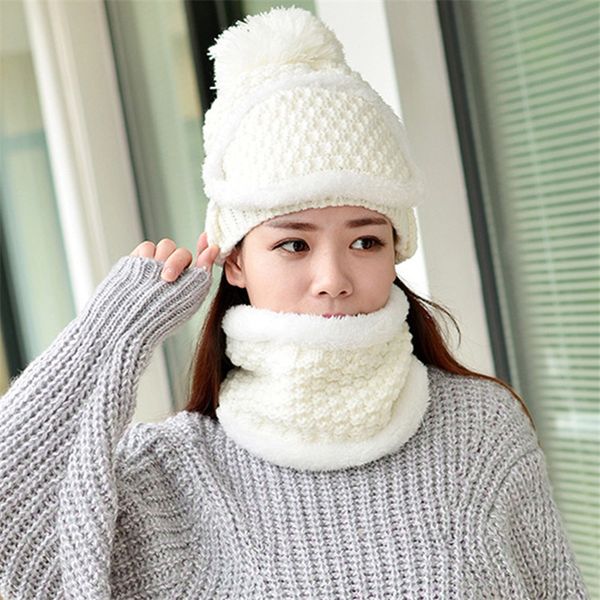 

new winter thick scarf hat set warm masks hat scarf three set autumn winter women's knit beanies pom poms windssets, Blue;gray