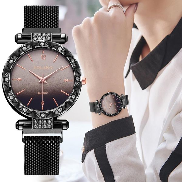 

yolako brand women watch magnet buckle gradient color starry sky diamond watch luxury ladies stainless steel quartz clock, Slivery;brown