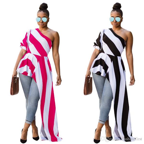 

2018 latest new model short front long back blouse women new fashion summer stripe ruffle one shoulder peplum