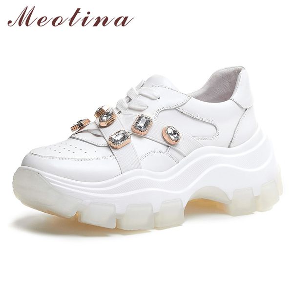 

meotina cow leather flats sneakers shoes women genuine leather flat platform shoes crystal round toe casual ladies size 39, Black