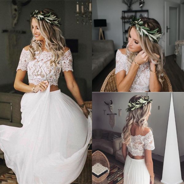 Zweiteilige Brautkleider im Sommer-Boho-Stil, U-Boot-Ausschnitt, kurze Ärmel, Spitze, böhmische Strandhochzeitskleider, bodenlang, Chiffon, Knopfleiste hinten, Brautmode