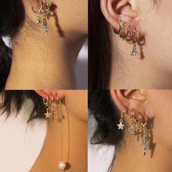 

boho gold color mix design crystal ear hoops simple circle cross moon star triangle pendant earrings alloy trendy ear jewelry, Golden;silver