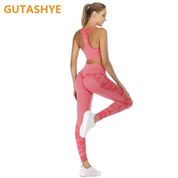 

yoga outfits gutashye shockproof sports bra gym tight leggings seamless set squat workout fitness clothes camouflage pattern sportswear, White;red