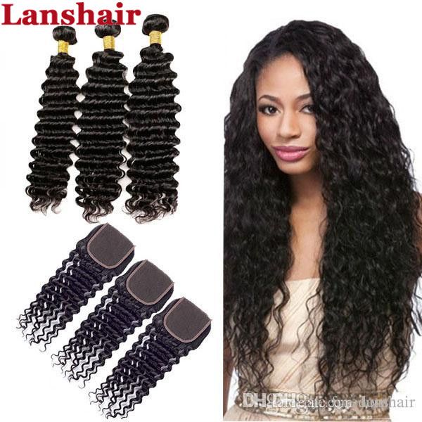 

8 remy бразильских волос deep wave 3 связка с 4x4 закрытие сырого девственницы индийского перуанской необработанной индийскими человеческими