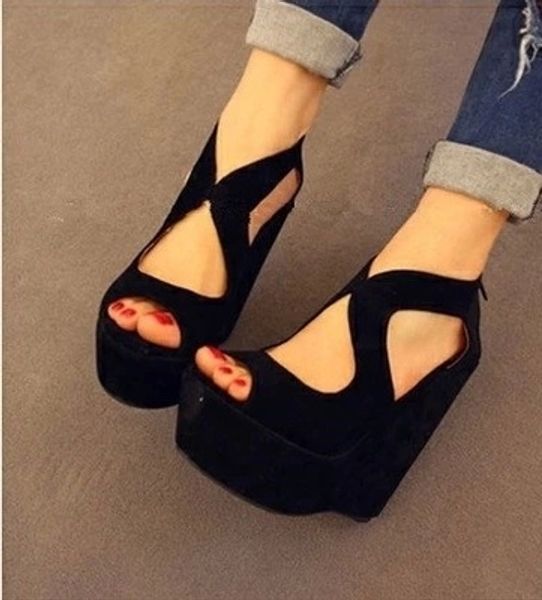 

women summer wedge high heels platform shoes sandal, Black