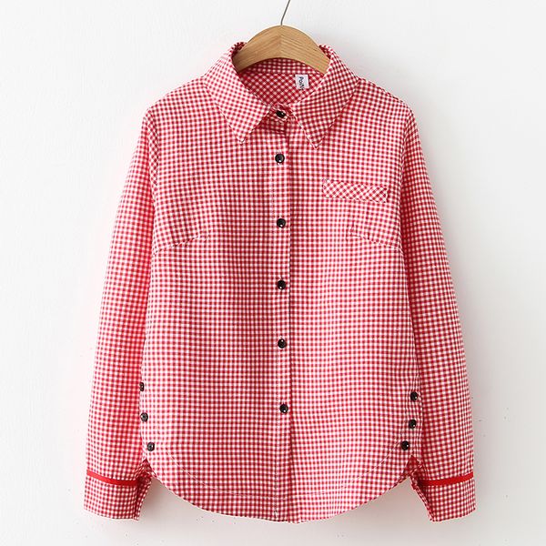 

2019 korean spring elegant shirts women fashion womens red black blouses female loose plaid shirt blusa brand, White