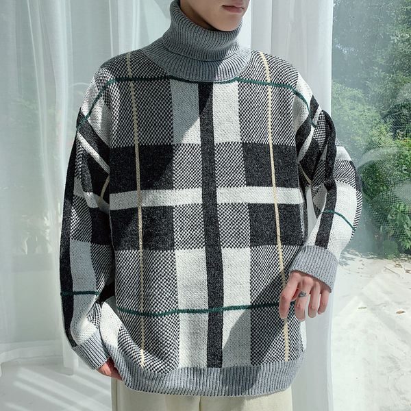 

2019 зимняя мужская решетчатая печать пальто кашемировый свитер толстая вязка черный / желтый/синий цвет шерстяной пуловер размер -2xl, White;black