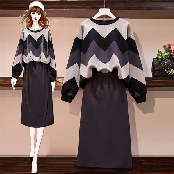 

autumn women warm knited suit matching set outfit casual plus size two piece suit o neck patchwork sweater and midi pencil skirt, White