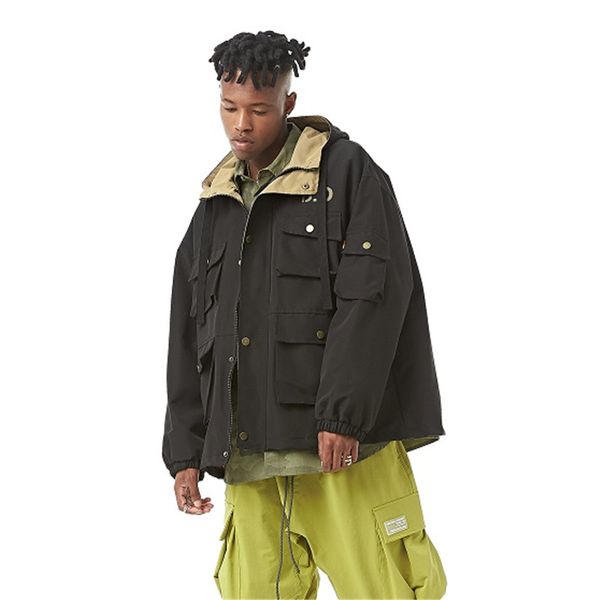 

spring autumn male hip hop loose hooded coat outerwear men vintage fashion streetwear casual safari jacket, Black;brown