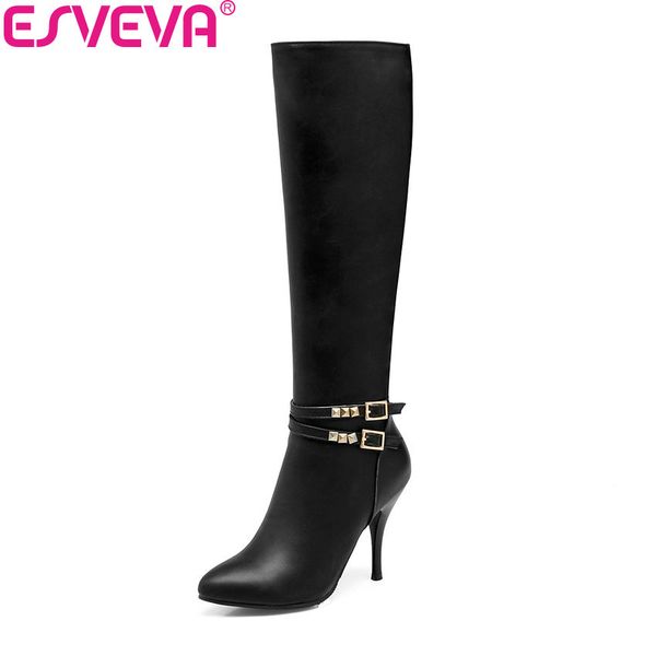

esveva 2020 women boots elegant thin heels pointed toe warm fur high heel knee-high boots zippers rivets ladies size 34-43, Black