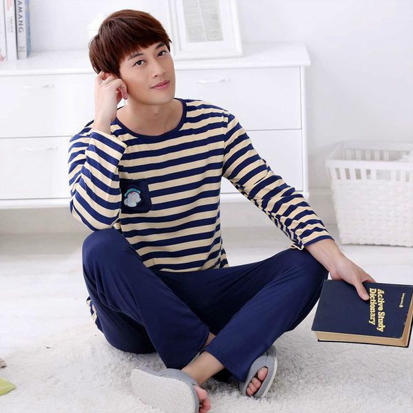 

wontive spring new long sleeve pijama stripe + pants pajamas set for male sleep clothing home service men pyjamas suit, Black;brown