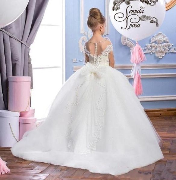 Pérolas rendas sheer neck tule árabe flor vestidos da menina sheer pescoço vintage bonito criança pageant vestidos para weddings277t