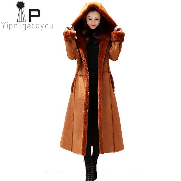 

2019 autumn winter coat women thick warm suede lambswool lining jacket solid plus size slim hooded outwear female elegant parka, Black