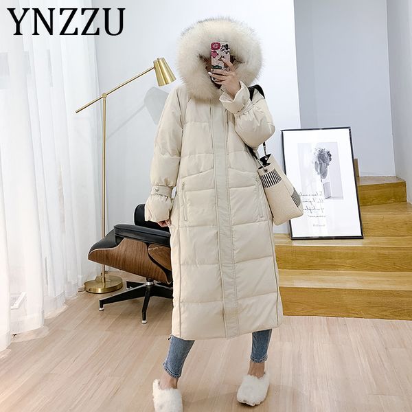 

ynzzu 2019 winter new large raccoon fur long women's down jacket loose duck down coat female thick warm windproof outwears a1197, Black
