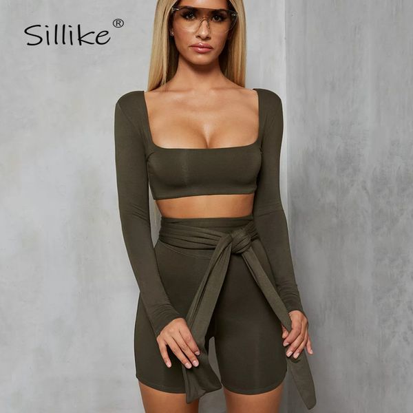 

sillike square collar bandage short rompers womens jumpsuit two piece set long sleeve bodycon playsuits casual sports outfits, Black;white