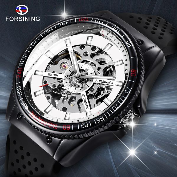 

forsining 2020 rotating bezel sport design silicone band men watches automatic black fashion casual watch clock, Slivery;brown
