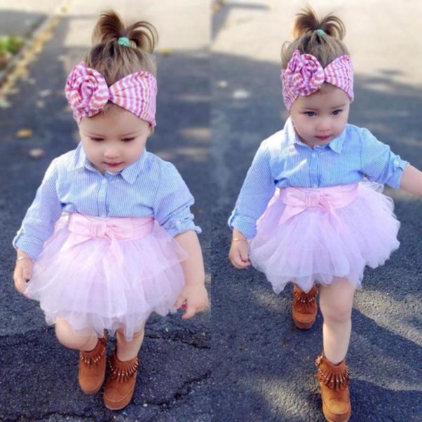 

girls clothing beautiful child baby girl plaid denim shirt bow tulle skirt toddler girl autumn clothes, White