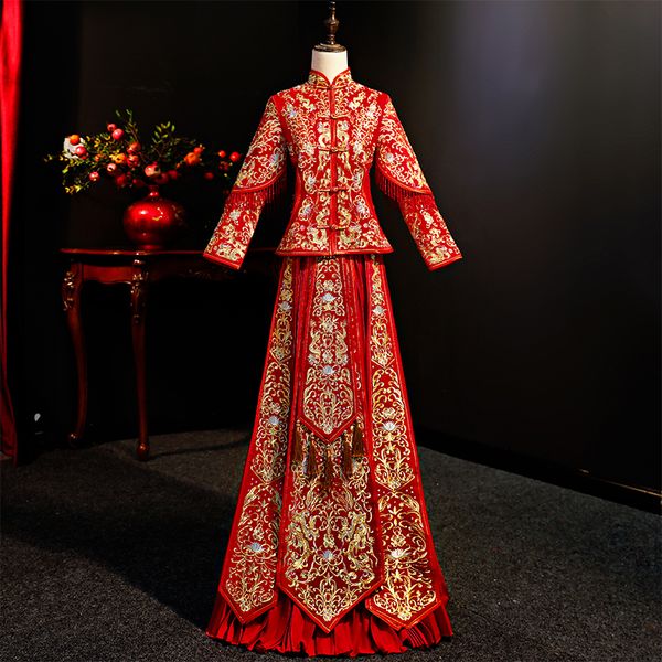

overseas chinese women satin cheongsam luxury classic noble royal qipao stage show clothing mandarin collar embroidery costume, Red