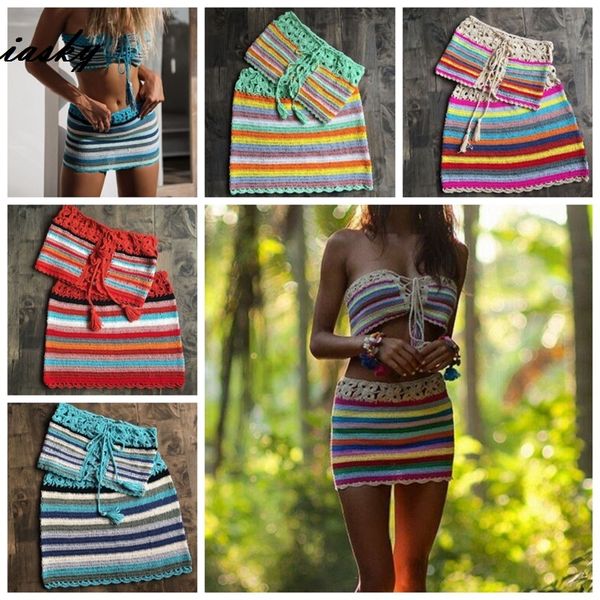 

iasky 2pcs/set handmade colorful striped crochet bikini skirt beach cover up set women swimsuit swimwear cover ups, Blue;gray