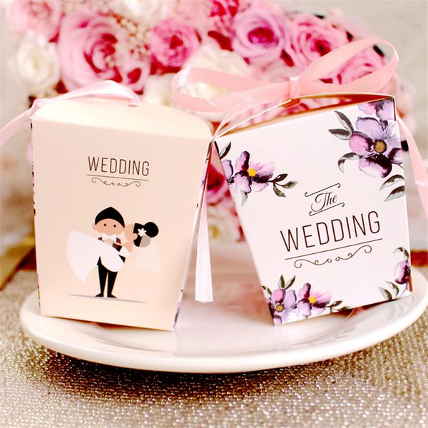 

bride and groom printed wedding decoration candy box with pink color ribbon sweet party favor gift box
