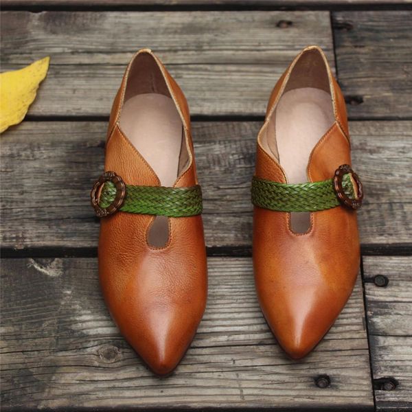 

handmade womens leather pointed toe pumps retro button shoes,soft flats, Black