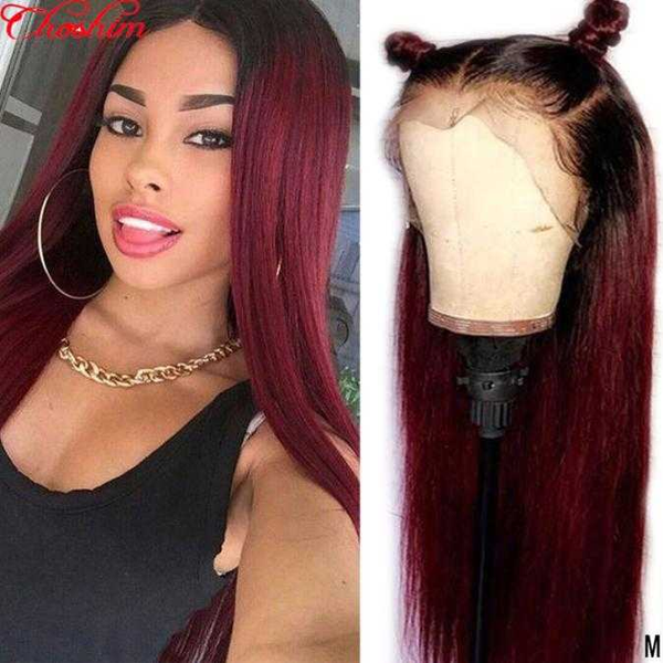 

brazilian 1b/99j/burgundy ombre colored 13x4 lace front wig human hair choshim remy straight glueless lace front wig 180 density, Black;brown