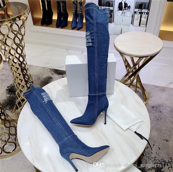 

jean boots women thigh high boots, high elastic over knee high bottes with holes blue heels zipper in denim jeans, Black