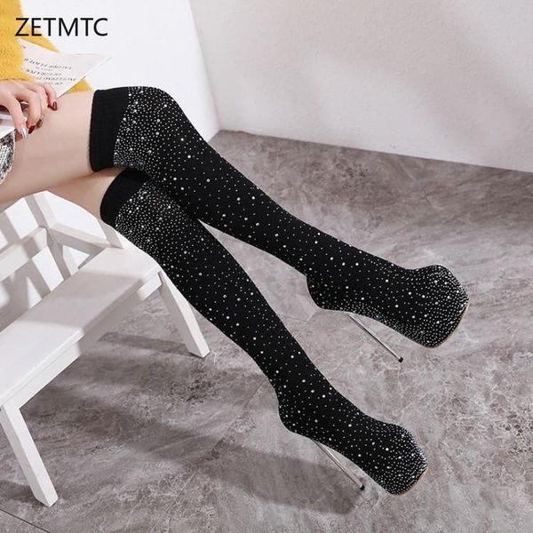 

women boot over-the-knee slip-on luxury shoes women designers super high 16cm fashion thin heels platform boots socks sequins, Black