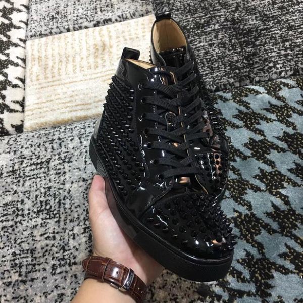 

new years luxury mens shoes spikes iii sneakers red bottom shiny sole,use calfskin coffee twill cotton material men's party wedding, Black