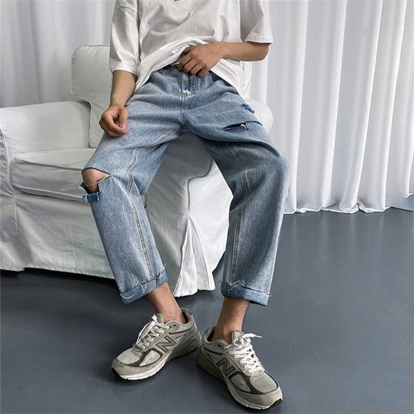 

Januarysnow Hole Jeans Men's Straight Tube Loose Summer Thin Style Trend Korean Versatile Nine Point Pants Net Red Tide Brand Wide Leg Pants