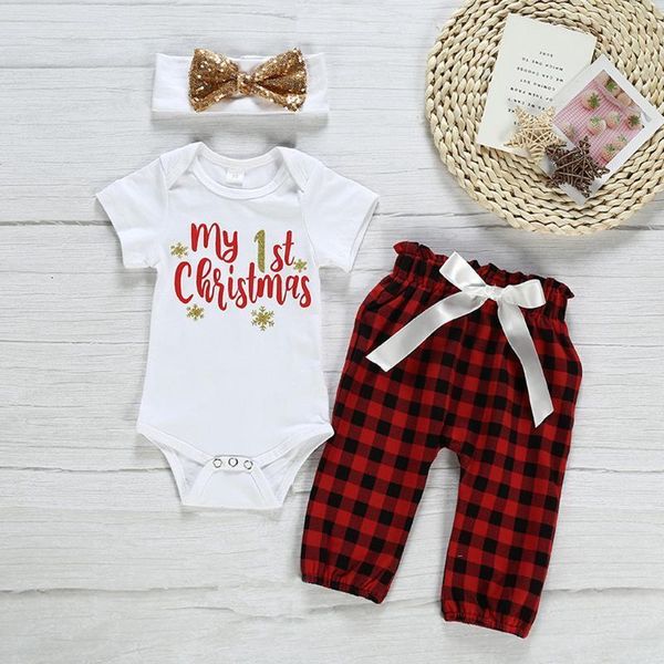 

my first christmas baby girl clothing newborn infant baby girl long sleeve bodysuit + pants + headband xmas outfits clothes, White
