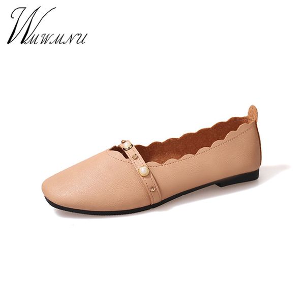 

korean fashion pearl leather ballet flats white comfortable womens flat casual shoes 2020 new ladies basic wild slip on loafers, Black