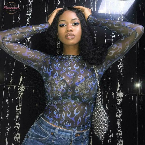 

2020 лето женщины mesh sheer топ с длинным рукавом see through crop tops тенниска сексуальные женщины девочка tops, White