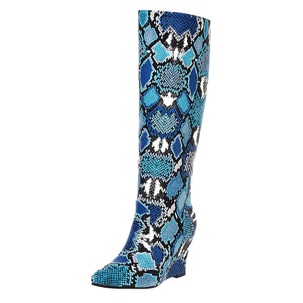 

slip-on leather snake print boots women pointed vintage leather toe platforms wedges shoes cowboy long boots plus size 43 shoes