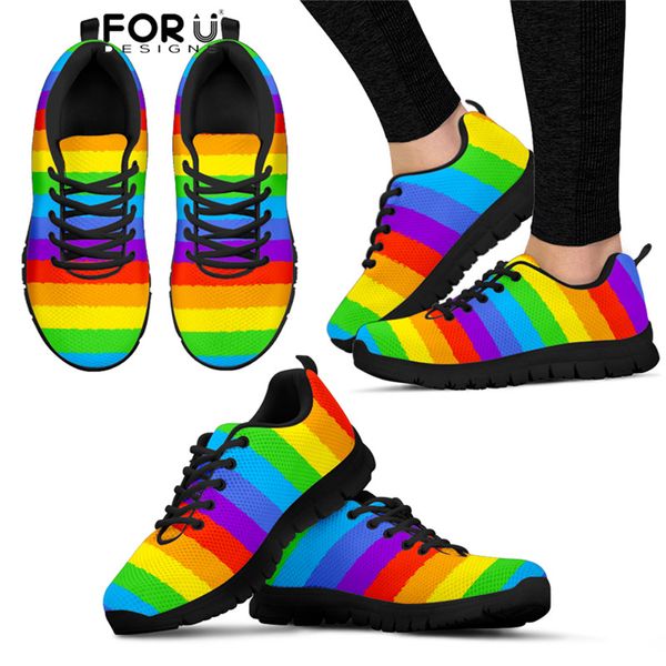 

forudesigns colorful rainbow print vulcanized shoes for girls black lace up comfortable mesh sneakers femme outdoor footwears