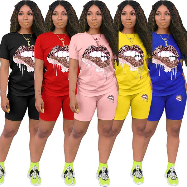 

women lip tracksuit summer two piece set short sleeve t-shirt+shorts solid color sports suit crew neck outfits fashion jogging suit 3038, Gray
