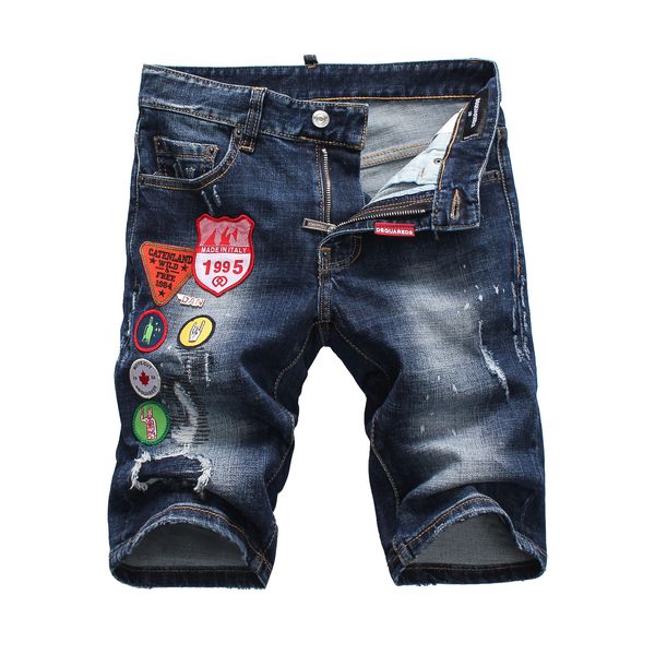 

men's korean version of the trendy men's embroidery wild sportsman personality summer thin section badge jeans men's shorts, Blue