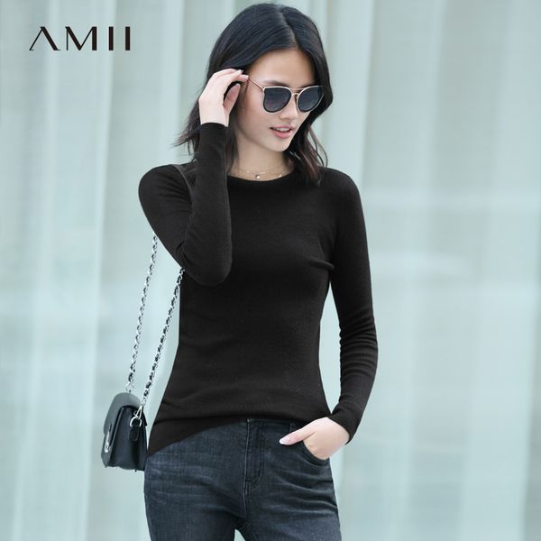 

amii минималистский шерстяной свитер зима женщины сплошной круглый вырез женский вязаный пуловер топы 11747849, White;black