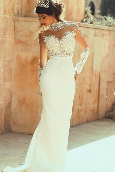 

lace mermaid wedding dresses 2019 new custom hollow back see through beads high neck long sleeve bridal gowns vestido de novia w119, White