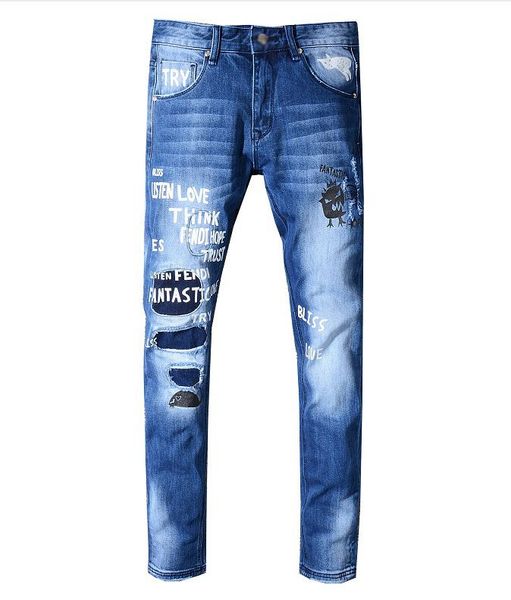 

19ss дизайнер мужские джинсы известный бренд официальный новый стиль брюки мода классический отверстие ковбойские брюки большой размер печат, Blue