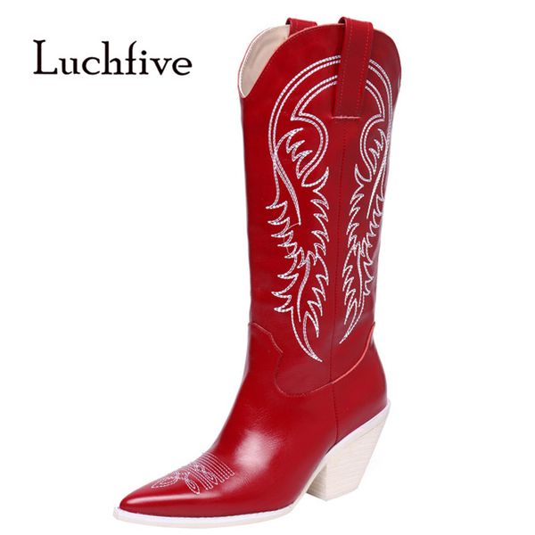 

2019 real leather red knee high boots women pointed toe embroidery strange high heel boots women fashion wedges, Black