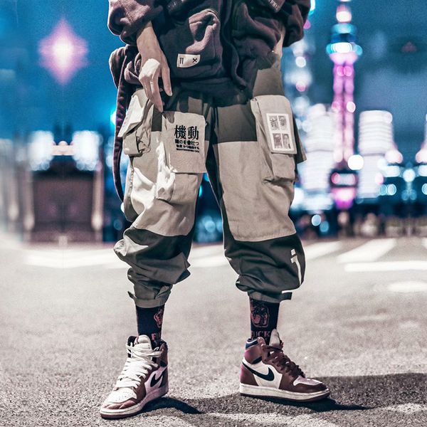 

pockets cargo pants men letter embroidery hip hop harem joggers color patchwork track trousers man skateboard streetwear, Black