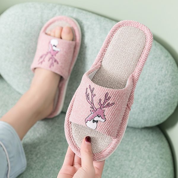 

tzldn 2020 women summer slippers soft flax indoor home flip flops open toe lucky elk sandals ladies flat casual slides shoe, Black