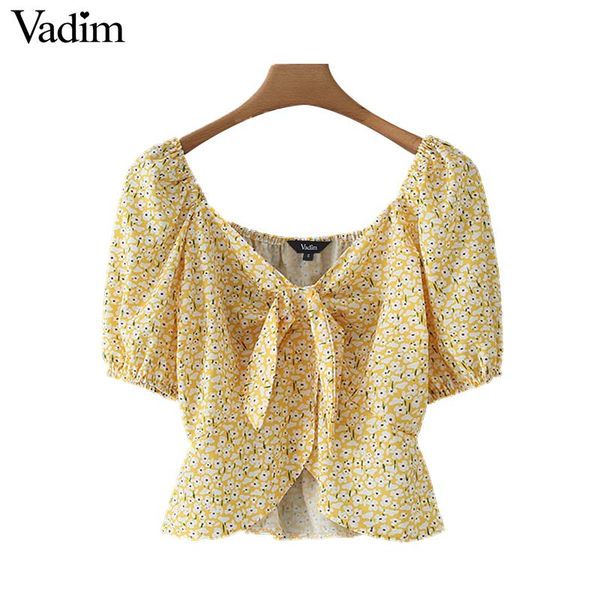 

vadim women sweet floral print crop bow tie decorate v neck short style shirts summer female chic blusas da441, White