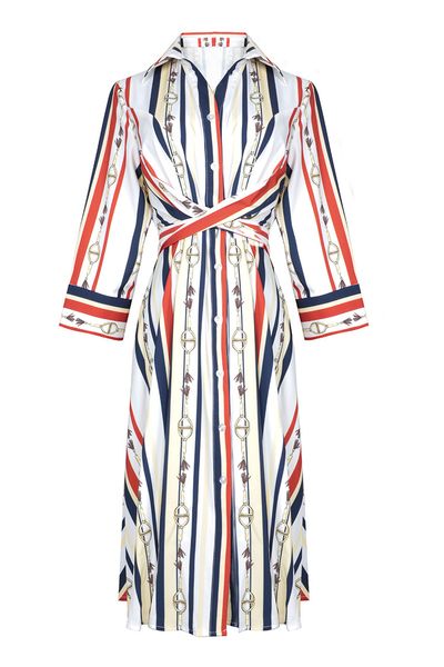 

european and american women's dress 2019 summer new style three-quarter sleeve lapels fashion chain stripe print slim dress, Black;gray