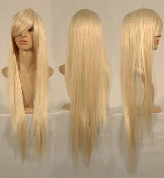 

long blonde straight slanting bangs women lady cosplay hair wig wigs, Black